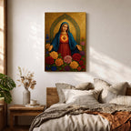 A detailed religious artwork depicting the Immaculate Heart of Mary with a glowing heart and surrounded by vibrant flowers, rendered in a classic icon style with rich textures and a golden background emphasizing the sacred theme.