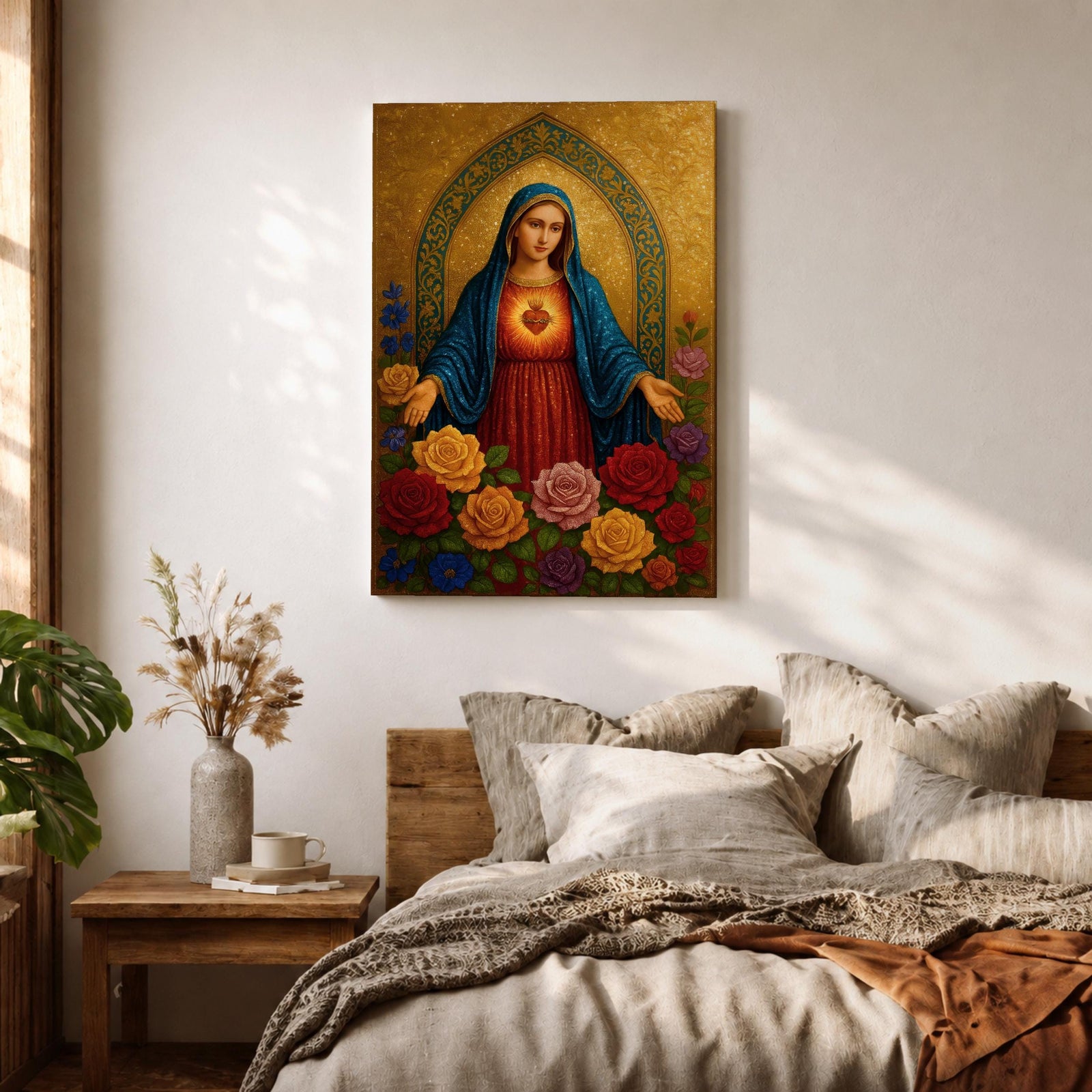 A detailed religious artwork depicting the Immaculate Heart of Mary with a glowing heart and surrounded by vibrant flowers, rendered in a classic icon style with rich textures and a golden background emphasizing the sacred theme.