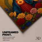A detailed religious artwork depicting the Immaculate Heart of Mary with a glowing heart and surrounded by vibrant flowers, rendered in a classic icon style with rich textures and a golden background emphasizing the sacred theme.