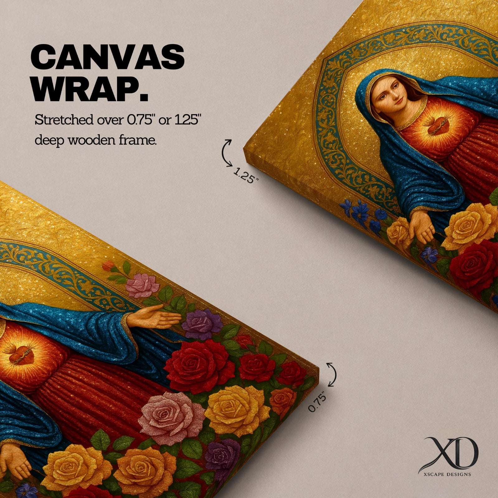 A detailed religious artwork depicting the Immaculate Heart of Mary with a glowing heart and surrounded by vibrant flowers, rendered in a classic icon style with rich textures and a golden background emphasizing the sacred theme.