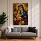 Mosaic style depiction of the Virgin Mary gently holding the child Jesus in her arms, both figures shown with golden halos while Mary wears a deep blue mantle and embraces the child closely, surrounded by blooming roses in a traditional Madonna and Child devotional composition with detailed mosaic textures.