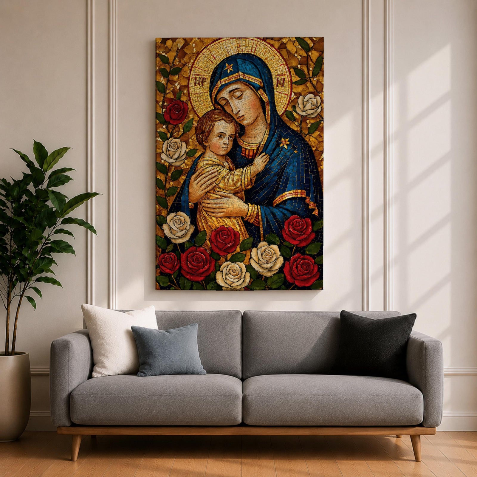 Mosaic style depiction of the Virgin Mary gently holding the child Jesus in her arms, both figures shown with golden halos while Mary wears a deep blue mantle and embraces the child closely, surrounded by blooming roses in a traditional Madonna and Child devotional composition with detailed mosaic textures.