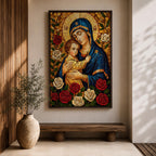 Mosaic style depiction of the Virgin Mary gently holding the child Jesus in her arms, both figures shown with golden halos while Mary wears a deep blue mantle and embraces the child closely, surrounded by blooming roses in a traditional Madonna and Child devotional composition with detailed mosaic textures.