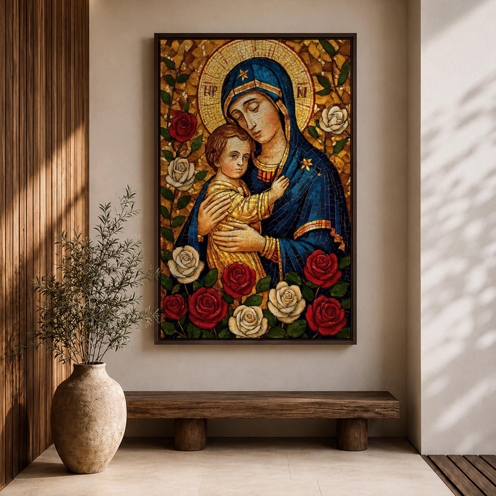 Mosaic style depiction of the Virgin Mary gently holding the child Jesus in her arms, both figures shown with golden halos while Mary wears a deep blue mantle and embraces the child closely, surrounded by blooming roses in a traditional Madonna and Child devotional composition with detailed mosaic textures.