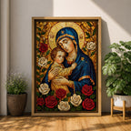 Mosaic style depiction of the Virgin Mary gently holding the child Jesus in her arms, both figures shown with golden halos while Mary wears a deep blue mantle and embraces the child closely, surrounded by blooming roses in a traditional Madonna and Child devotional composition with detailed mosaic textures.