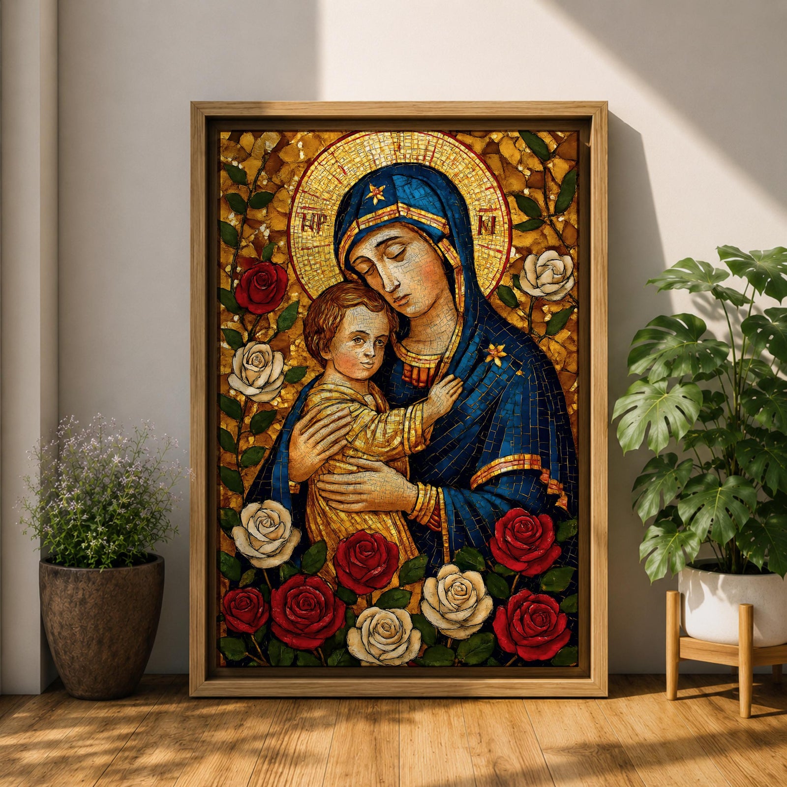 Mosaic style depiction of the Virgin Mary gently holding the child Jesus in her arms, both figures shown with golden halos while Mary wears a deep blue mantle and embraces the child closely, surrounded by blooming roses in a traditional Madonna and Child devotional composition with detailed mosaic textures.