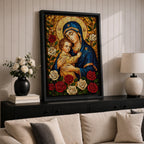 Mosaic style depiction of the Virgin Mary gently holding the child Jesus in her arms, both figures shown with golden halos while Mary wears a deep blue mantle and embraces the child closely, surrounded by blooming roses in a traditional Madonna and Child devotional composition with detailed mosaic textures.