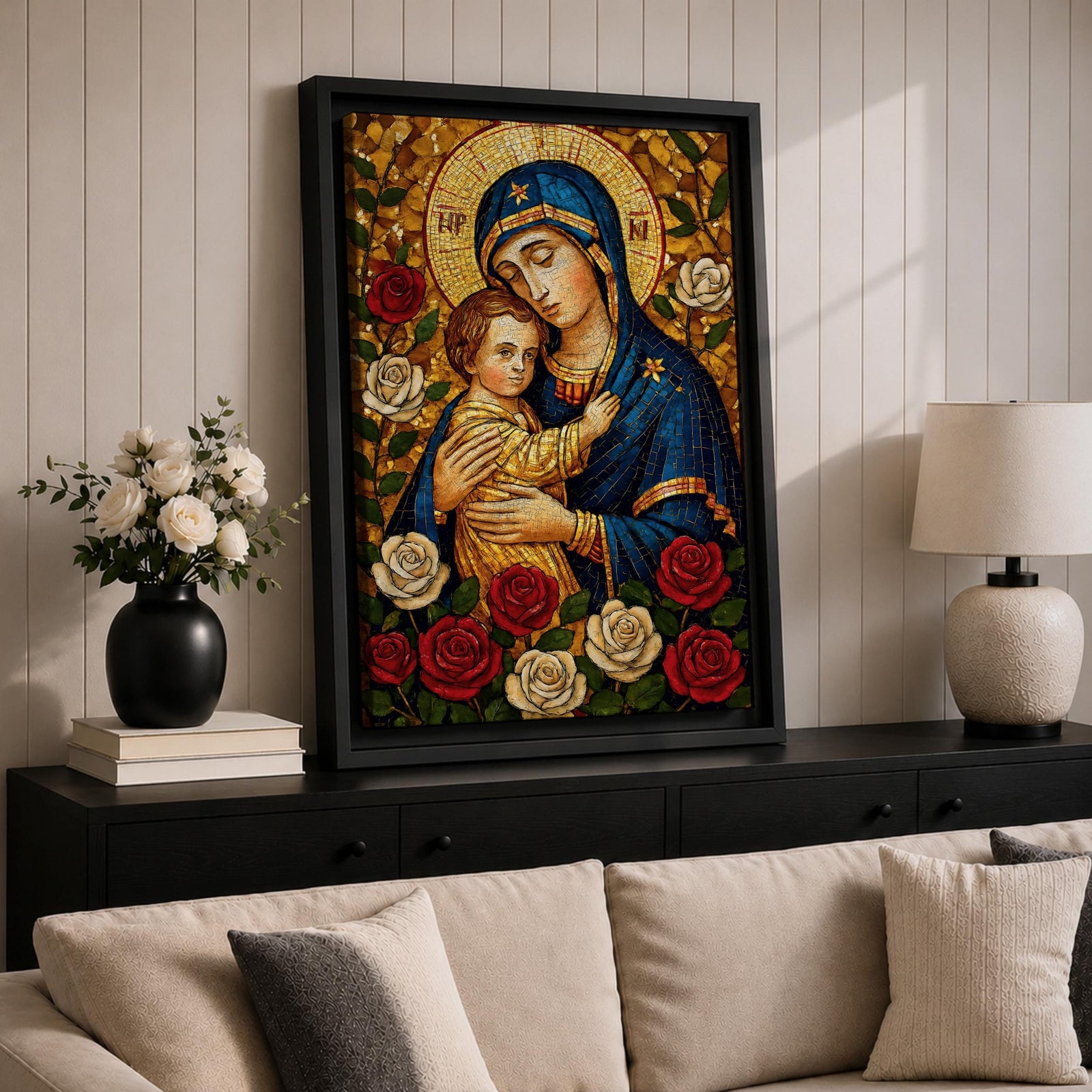 Mosaic style depiction of the Virgin Mary gently holding the child Jesus in her arms, both figures shown with golden halos while Mary wears a deep blue mantle and embraces the child closely, surrounded by blooming roses in a traditional Madonna and Child devotional composition with detailed mosaic textures.