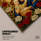 Mosaic style depiction of the Virgin Mary gently holding the child Jesus in her arms, both figures shown with golden halos while Mary wears a deep blue mantle and embraces the child closely, surrounded by blooming roses in a traditional Madonna and Child devotional composition with detailed mosaic textures.
