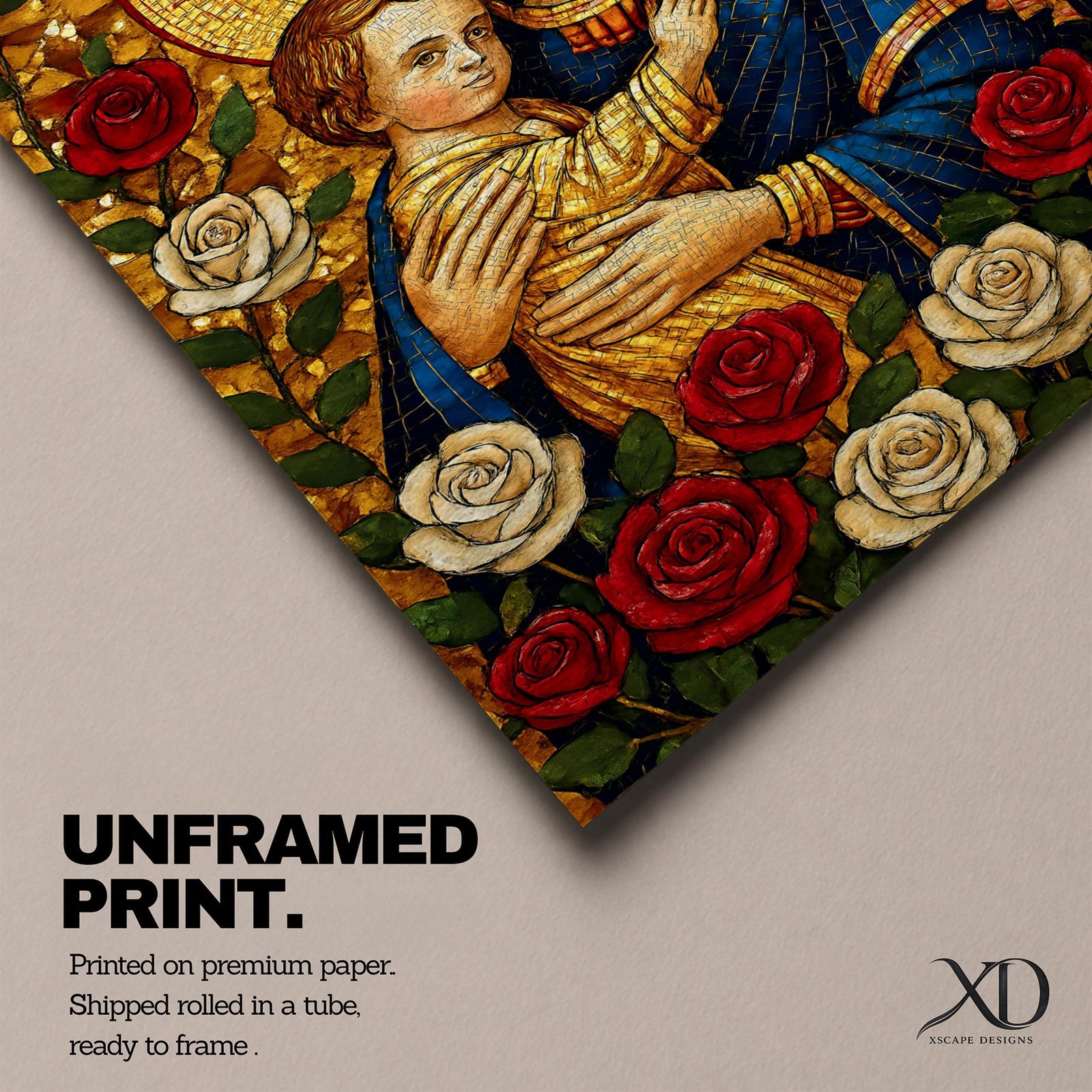 Mosaic style depiction of the Virgin Mary gently holding the child Jesus in her arms, both figures shown with golden halos while Mary wears a deep blue mantle and embraces the child closely, surrounded by blooming roses in a traditional Madonna and Child devotional composition with detailed mosaic textures.