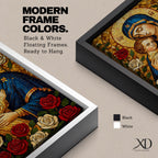 Mosaic style depiction of the Virgin Mary gently holding the child Jesus in her arms, both figures shown with golden halos while Mary wears a deep blue mantle and embraces the child closely, surrounded by blooming roses in a traditional Madonna and Child devotional composition with detailed mosaic textures.