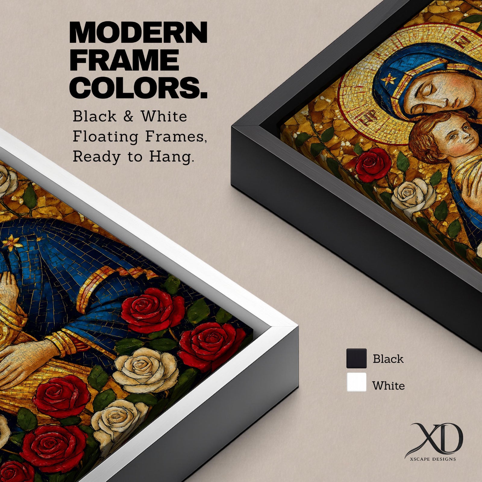 Mosaic style depiction of the Virgin Mary gently holding the child Jesus in her arms, both figures shown with golden halos while Mary wears a deep blue mantle and embraces the child closely, surrounded by blooming roses in a traditional Madonna and Child devotional composition with detailed mosaic textures.