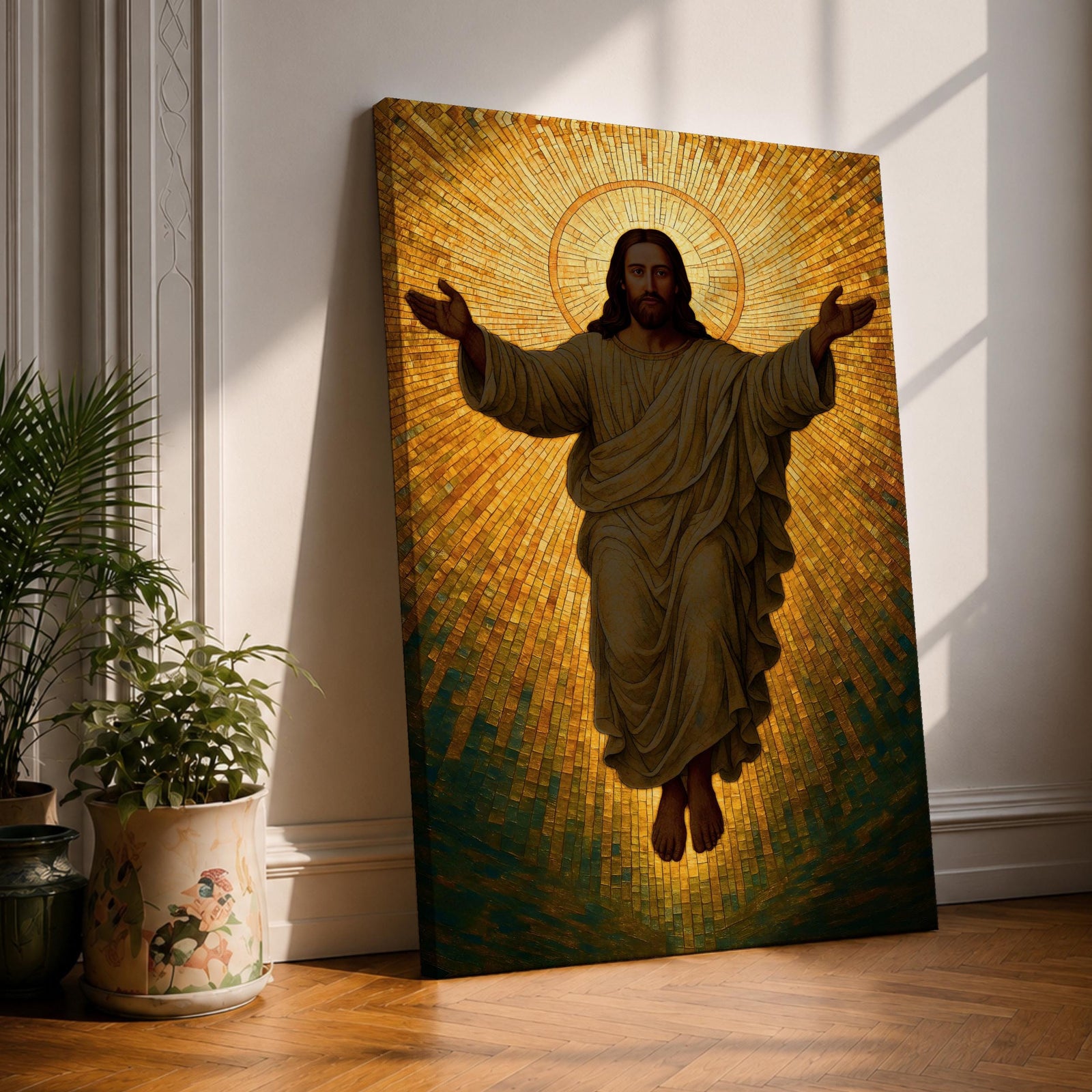 A mosaic style depiction of Jesus Christ with outstretched arms surrounded by radiant golden tiles forming a halo effect. The artwork features detailed mosaic tile patterns creating a luminous and sacred Christian icon in a traditional religious style.