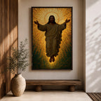 A mosaic style depiction of Jesus Christ with outstretched arms surrounded by radiant golden tiles forming a halo effect. The artwork features detailed mosaic tile patterns creating a luminous and sacred Christian icon in a traditional religious style.