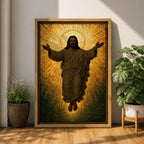 A mosaic style depiction of Jesus Christ with outstretched arms surrounded by radiant golden tiles forming a halo effect. The artwork features detailed mosaic tile patterns creating a luminous and sacred Christian icon in a traditional religious style.