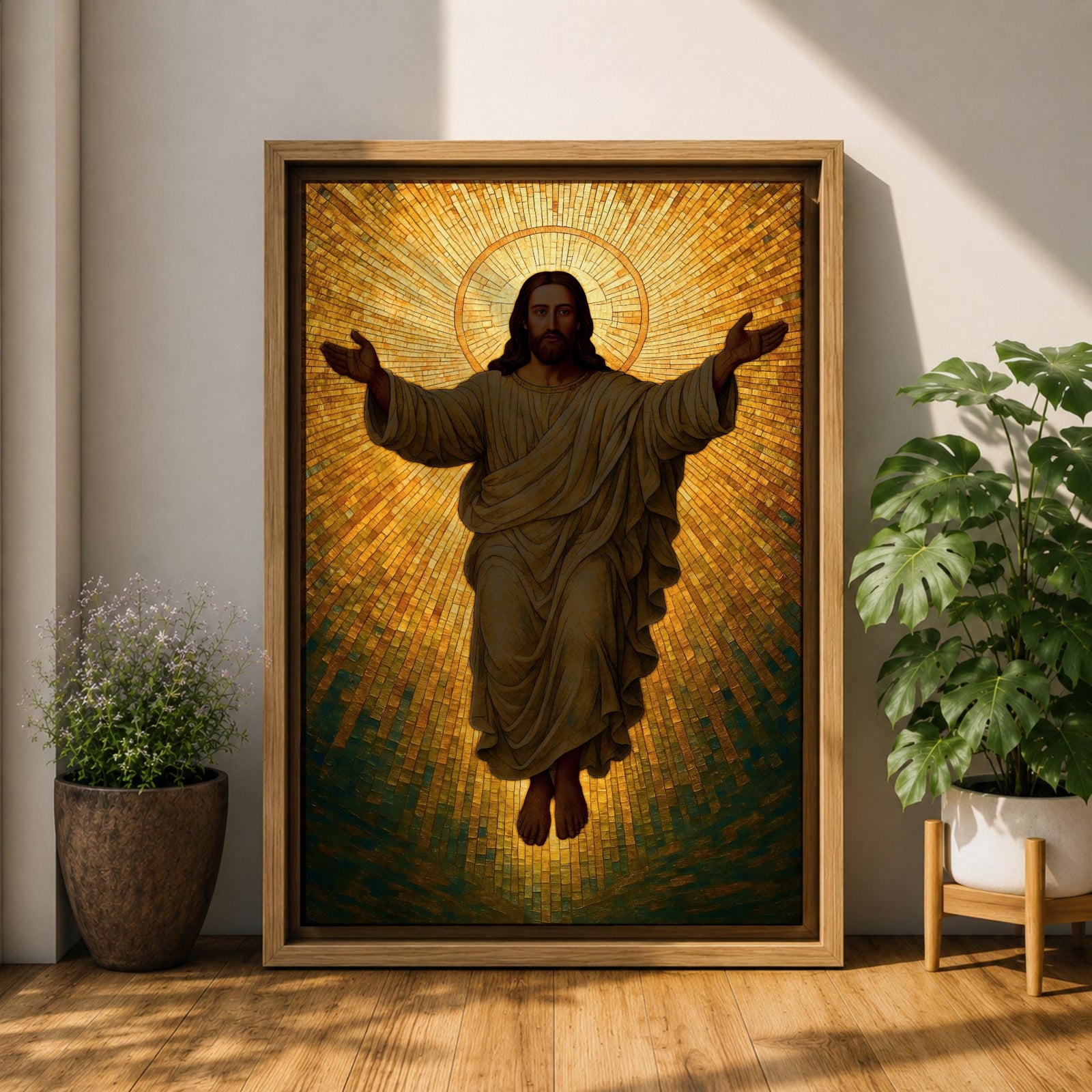 A mosaic style depiction of Jesus Christ with outstretched arms surrounded by radiant golden tiles forming a halo effect. The artwork features detailed mosaic tile patterns creating a luminous and sacred Christian icon in a traditional religious style.