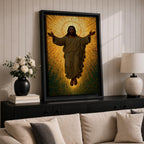 A mosaic style depiction of Jesus Christ with outstretched arms surrounded by radiant golden tiles forming a halo effect. The artwork features detailed mosaic tile patterns creating a luminous and sacred Christian icon in a traditional religious style.