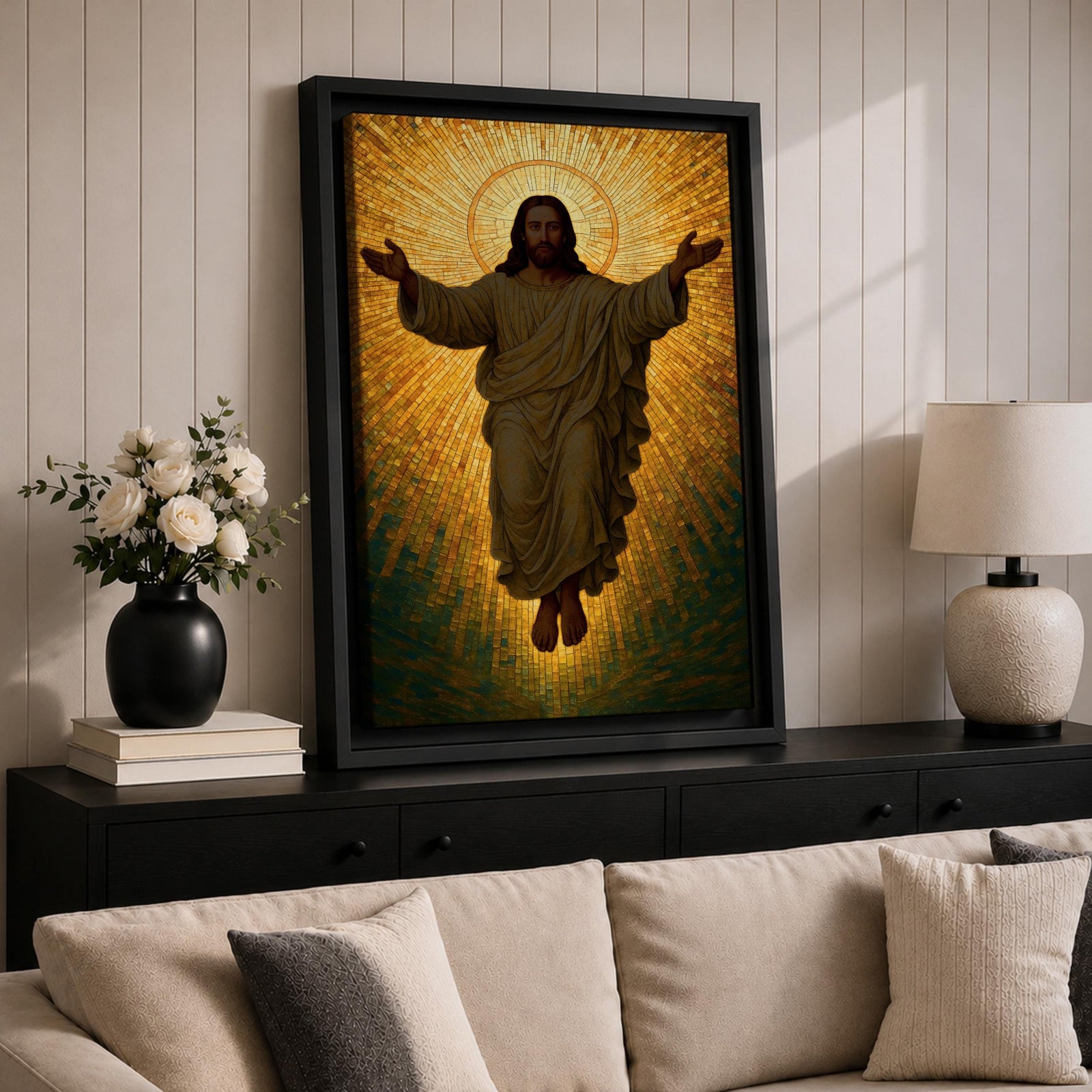 A mosaic style depiction of Jesus Christ with outstretched arms surrounded by radiant golden tiles forming a halo effect. The artwork features detailed mosaic tile patterns creating a luminous and sacred Christian icon in a traditional religious style.