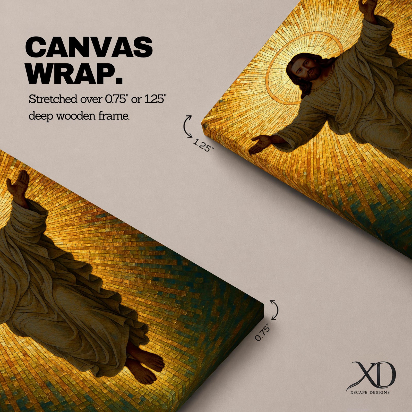 A mosaic style depiction of Jesus Christ with outstretched arms surrounded by radiant golden tiles forming a halo effect. The artwork features detailed mosaic tile patterns creating a luminous and sacred Christian icon in a traditional religious style.