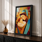A stained glass style artwork depicting Virgin Mary tenderly holding baby Jesus, composed of vibrant geometric shapes and warm colors, capturing a mosaic-like effect that emphasizes the loving bond between mother and child in a religious theme.
