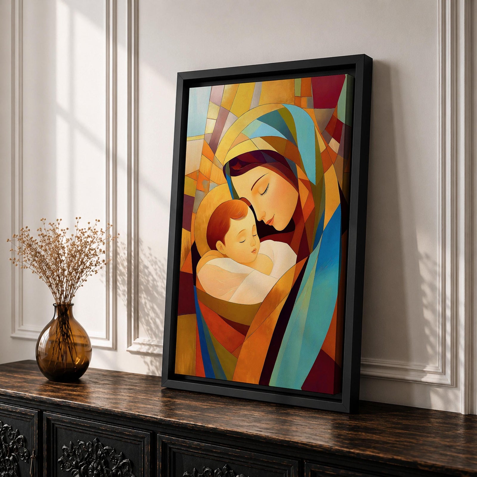 A stained glass style artwork depicting Virgin Mary tenderly holding baby Jesus, composed of vibrant geometric shapes and warm colors, capturing a mosaic-like effect that emphasizes the loving bond between mother and child in a religious theme.