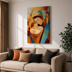 A stained glass style artwork depicting Virgin Mary tenderly holding baby Jesus, composed of vibrant geometric shapes and warm colors, capturing a mosaic-like effect that emphasizes the loving bond between mother and child in a religious theme.