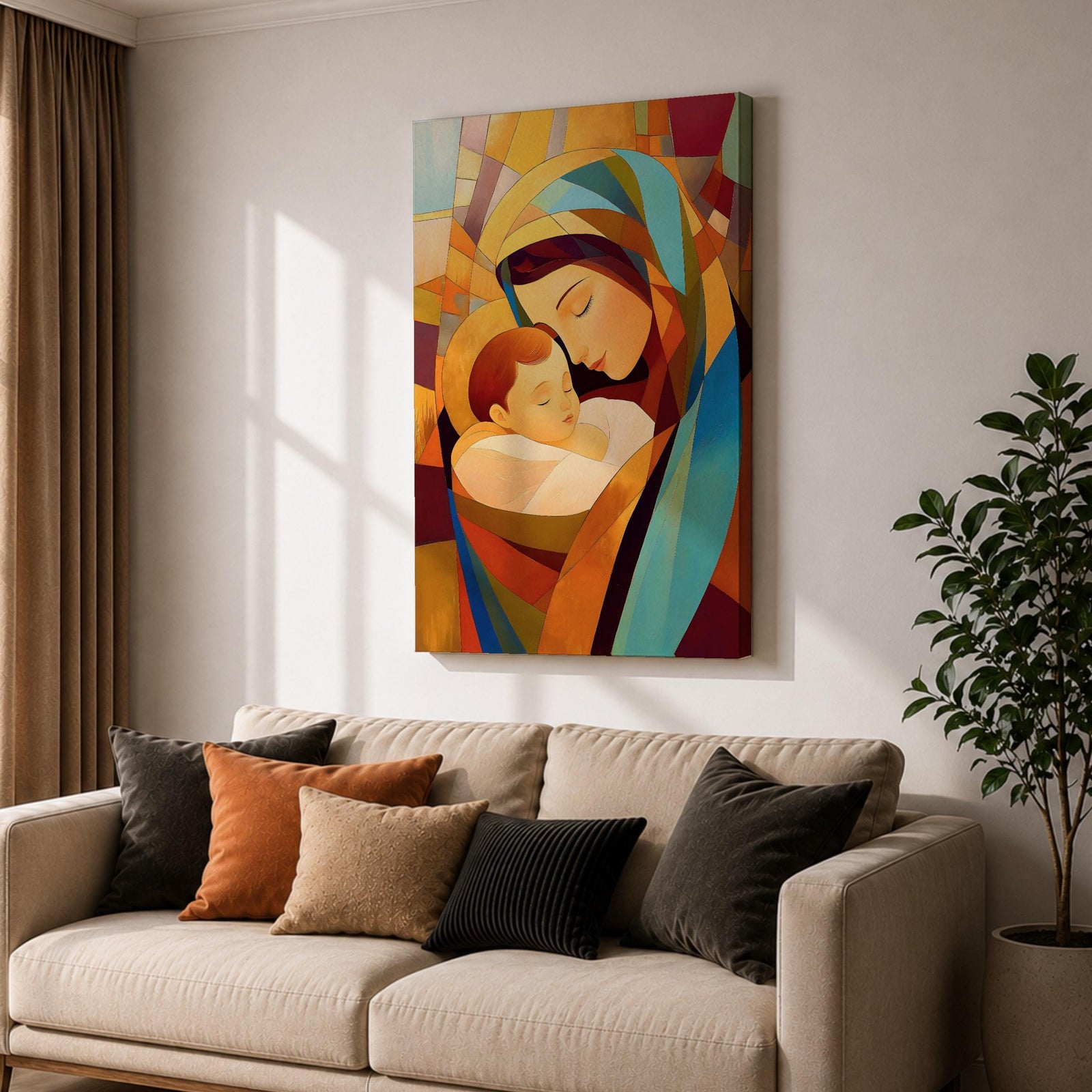 A stained glass style artwork depicting Virgin Mary tenderly holding baby Jesus, composed of vibrant geometric shapes and warm colors, capturing a mosaic-like effect that emphasizes the loving bond between mother and child in a religious theme.