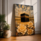 Textured impasto style painting of the Kaaba at Masjid Al Haram in Mecca, surrounded by mosque arches and tall minarets beneath swirling dramatic clouds, with large golden flowers in the foreground rendered in thick layered brushstrokes.