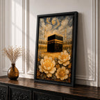 Textured impasto style painting of the Kaaba at Masjid Al Haram in Mecca, surrounded by mosque arches and tall minarets beneath swirling dramatic clouds, with large golden flowers in the foreground rendered in thick layered brushstrokes.