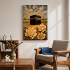 Textured impasto style painting of the Kaaba at Masjid Al Haram in Mecca, surrounded by mosque arches and tall minarets beneath swirling dramatic clouds, with large golden flowers in the foreground rendered in thick layered brushstrokes.