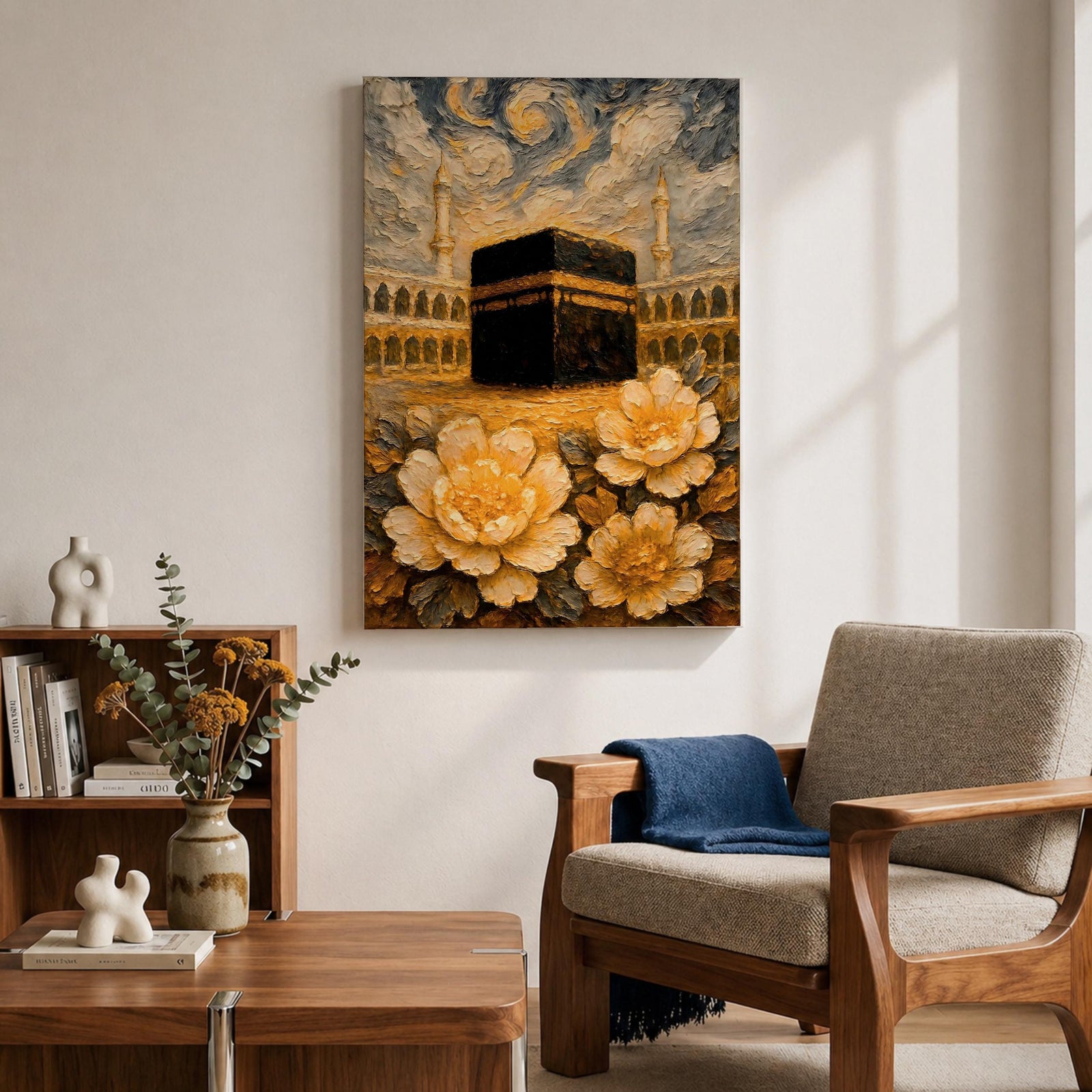Textured impasto style painting of the Kaaba at Masjid Al Haram in Mecca, surrounded by mosque arches and tall minarets beneath swirling dramatic clouds, with large golden flowers in the foreground rendered in thick layered brushstrokes.