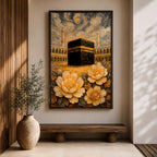 Textured impasto style painting of the Kaaba at Masjid Al Haram in Mecca, surrounded by mosque arches and tall minarets beneath swirling dramatic clouds, with large golden flowers in the foreground rendered in thick layered brushstrokes.