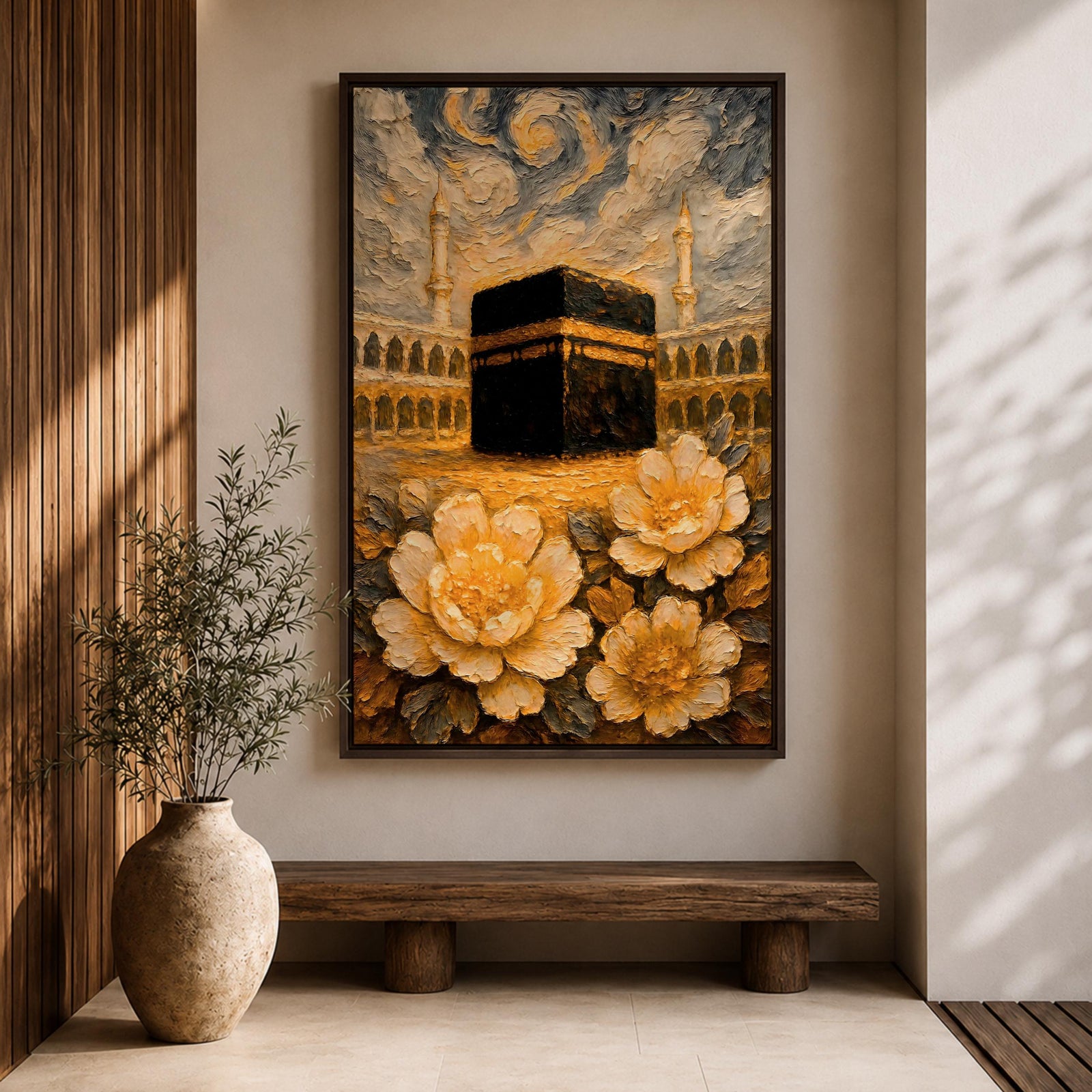 Textured impasto style painting of the Kaaba at Masjid Al Haram in Mecca, surrounded by mosque arches and tall minarets beneath swirling dramatic clouds, with large golden flowers in the foreground rendered in thick layered brushstrokes.