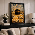 Textured impasto style painting of the Kaaba at Masjid Al Haram in Mecca, surrounded by mosque arches and tall minarets beneath swirling dramatic clouds, with large golden flowers in the foreground rendered in thick layered brushstrokes.