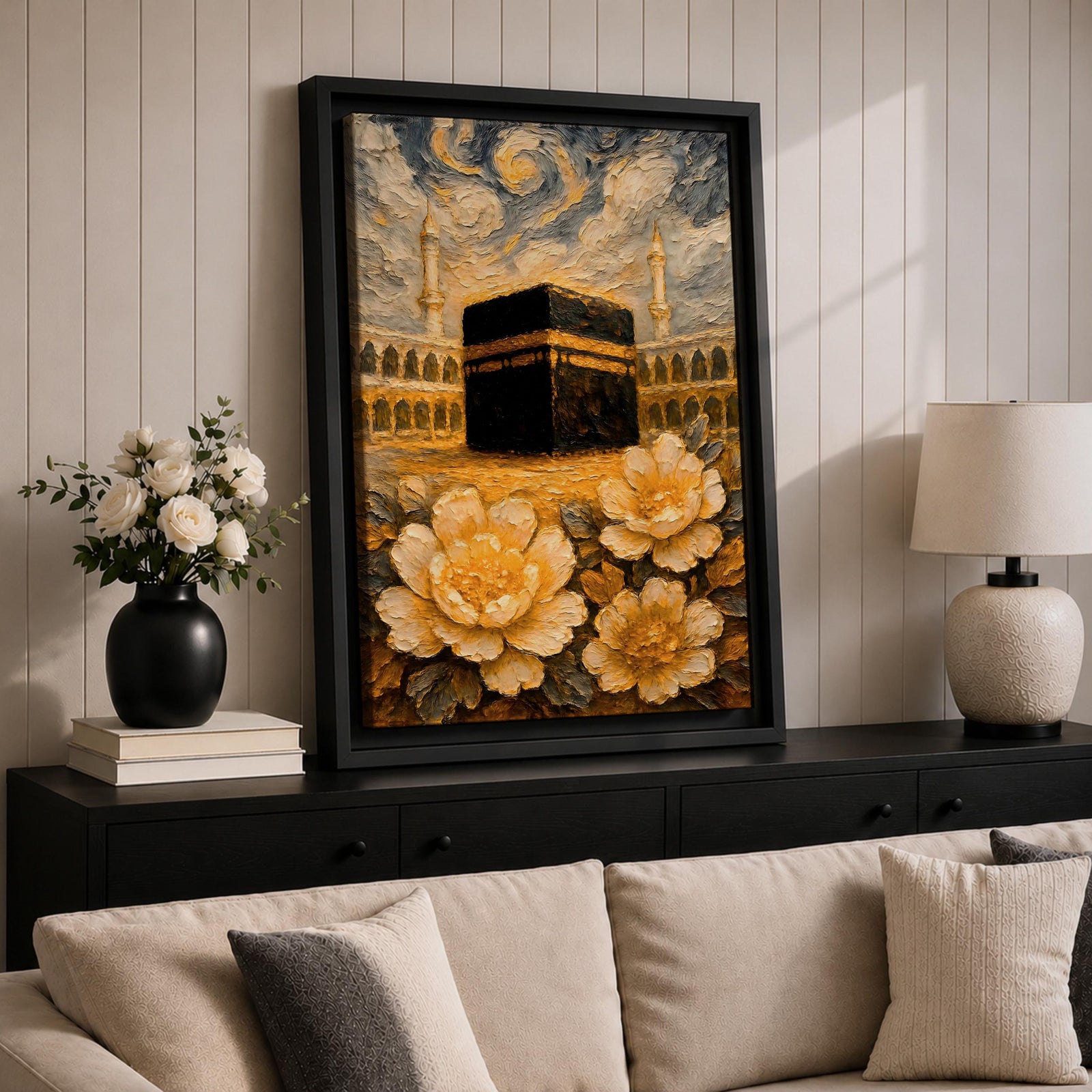 Textured impasto style painting of the Kaaba at Masjid Al Haram in Mecca, surrounded by mosque arches and tall minarets beneath swirling dramatic clouds, with large golden flowers in the foreground rendered in thick layered brushstrokes.