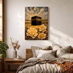 Textured impasto style painting of the Kaaba at Masjid Al Haram in Mecca, surrounded by mosque arches and tall minarets beneath swirling dramatic clouds, with large golden flowers in the foreground rendered in thick layered brushstrokes.