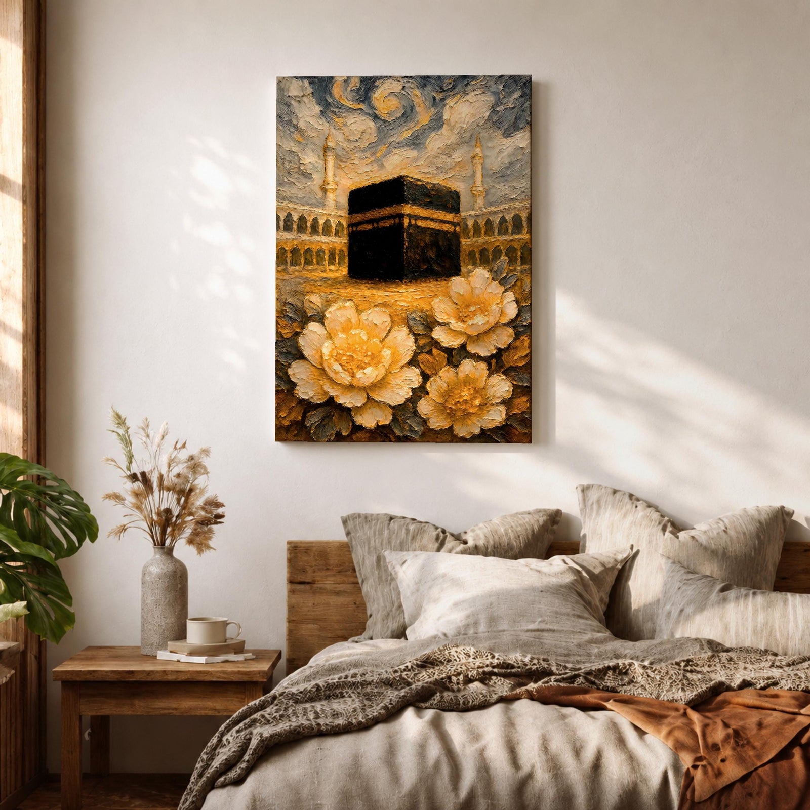 Textured impasto style painting of the Kaaba at Masjid Al Haram in Mecca, surrounded by mosque arches and tall minarets beneath swirling dramatic clouds, with large golden flowers in the foreground rendered in thick layered brushstrokes.