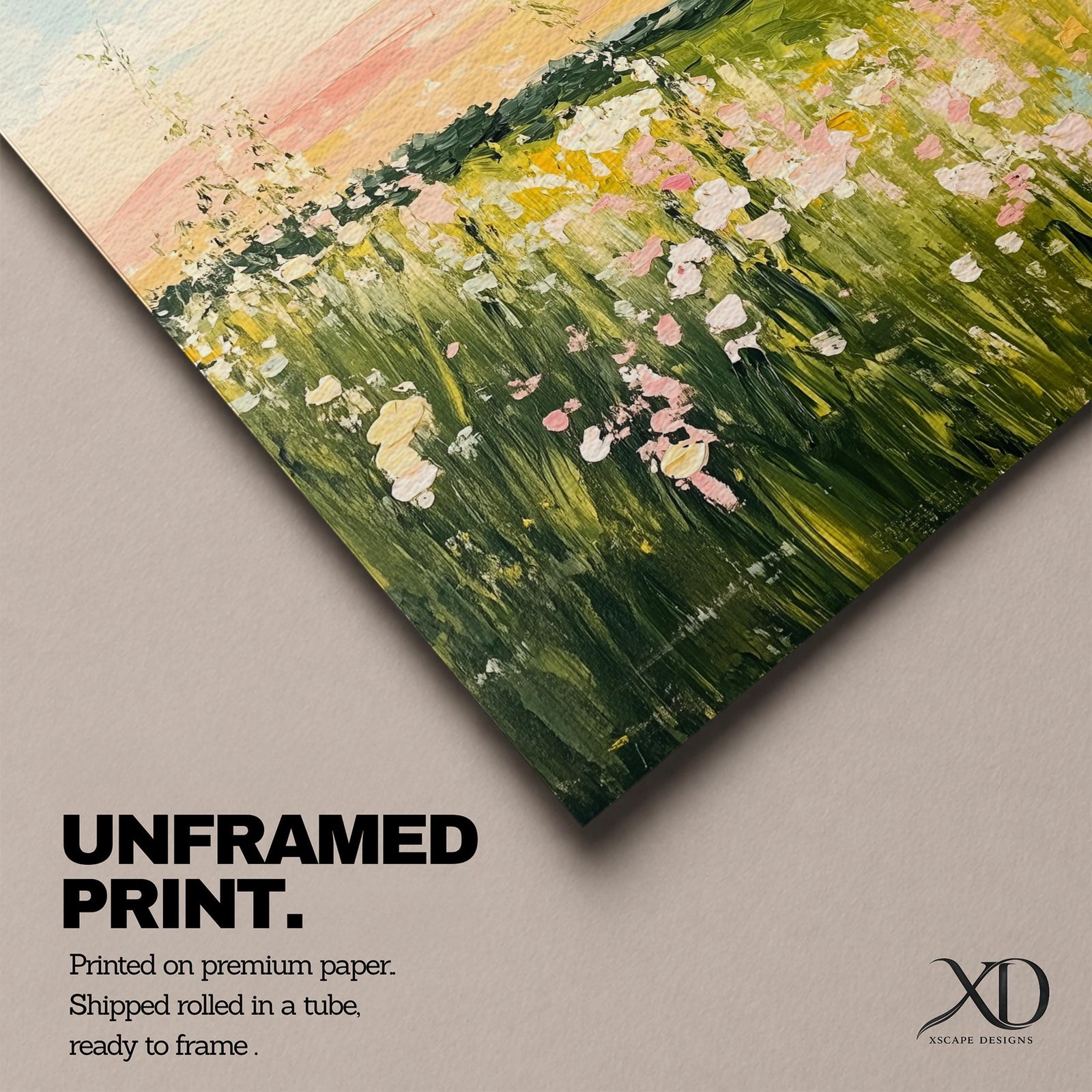 An impressionistic vintage style framed canvas painting depicting a meadow landscape with wildflowers and grasses under a soft sky, rendered with textured brushstrokes and warm tones, capturing the natural beauty of a rustic botanical field scene.