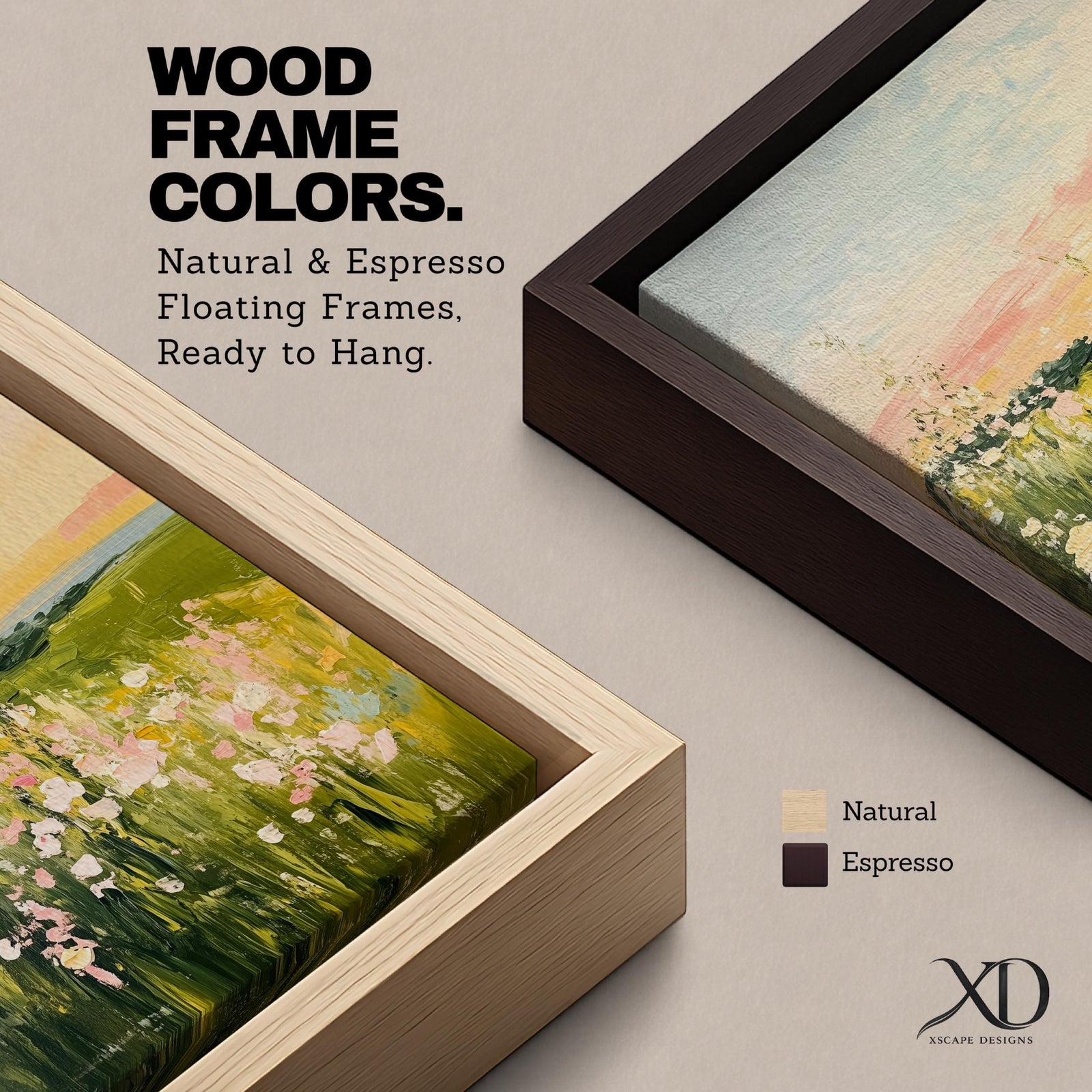 An impressionistic vintage style framed canvas painting depicting a meadow landscape with wildflowers and grasses under a soft sky, rendered with textured brushstrokes and warm tones, capturing the natural beauty of a rustic botanical field scene.
