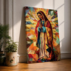 Geometric mosaic style depiction of Our Lady of Guadalupe shown standing in prayer with hands joined, surrounded by radiant golden halo rays and colorful angular shapes forming a stained glass inspired composition that highlights the Virgin Mary in a modern geometric Catholic devotional design.