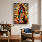 Geometric mosaic style depiction of Our Lady of Guadalupe shown standing in prayer with hands joined, surrounded by radiant golden halo rays and colorful angular shapes forming a stained glass inspired composition that highlights the Virgin Mary in a modern geometric Catholic devotional design.