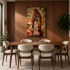 Geometric mosaic style depiction of Our Lady of Guadalupe shown standing in prayer with hands joined, surrounded by radiant golden halo rays and colorful angular shapes forming a stained glass inspired composition that highlights the Virgin Mary in a modern geometric Catholic devotional design.