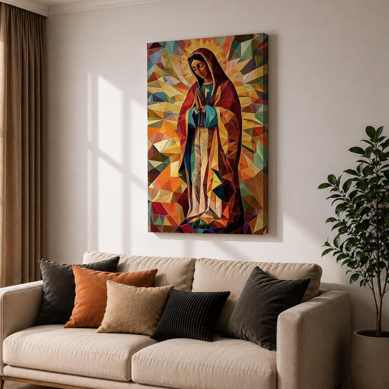 Geometric mosaic style depiction of Our Lady of Guadalupe shown standing in prayer with hands joined, surrounded by radiant golden halo rays and colorful angular shapes forming a stained glass inspired composition that highlights the Virgin Mary in a modern geometric Catholic devotional design.
