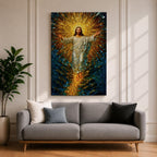 A stained glass style artwork depicting Jesus Christ rising with arms outstretched, radiant golden light emanating behind him, surrounded by deep blue and amber glass fragments, capturing the moment of resurrection in vivid mosaic-like detail.