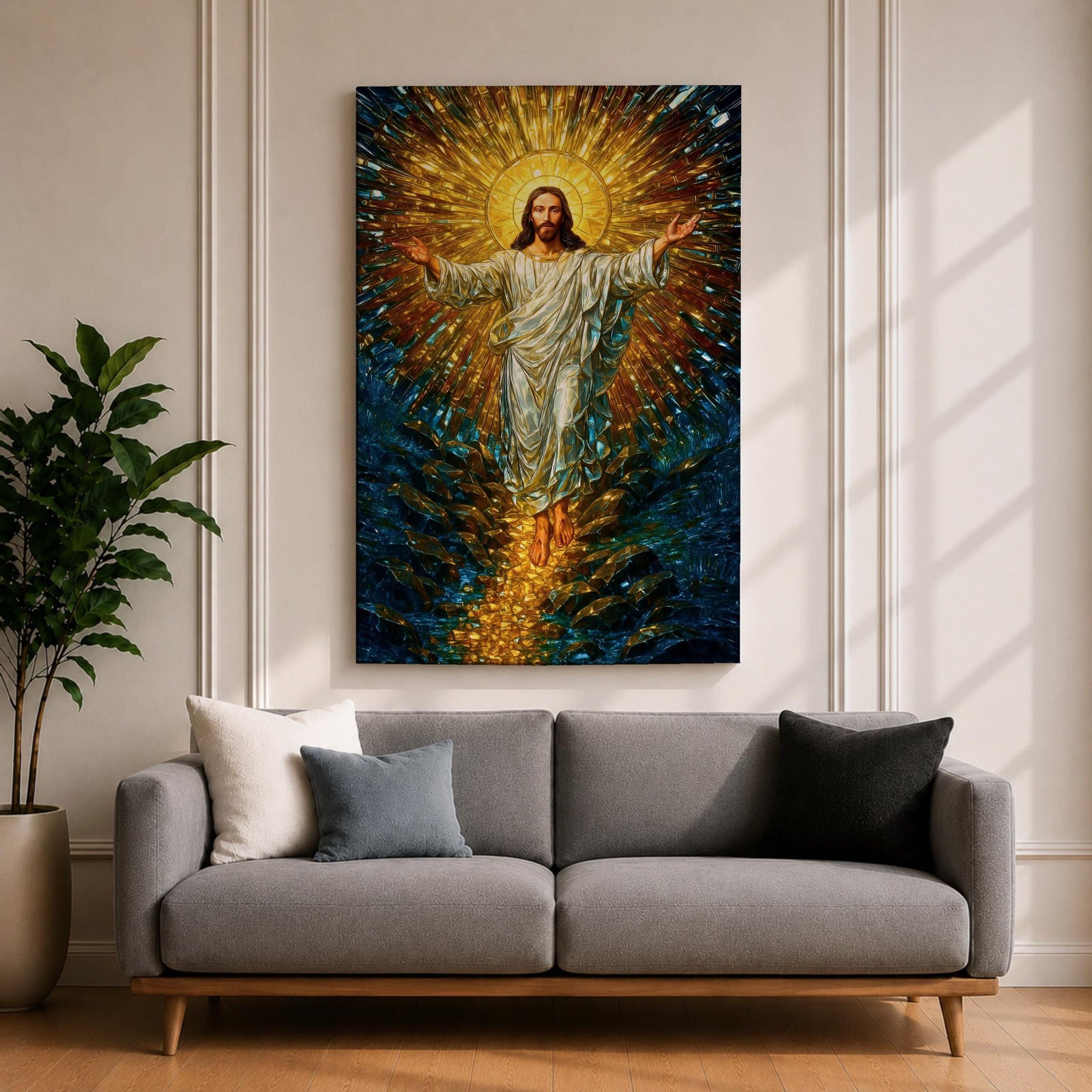 A stained glass style artwork depicting Jesus Christ rising with arms outstretched, radiant golden light emanating behind him, surrounded by deep blue and amber glass fragments, capturing the moment of resurrection in vivid mosaic-like detail.