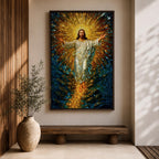 A stained glass style artwork depicting Jesus Christ rising with arms outstretched, radiant golden light emanating behind him, surrounded by deep blue and amber glass fragments, capturing the moment of resurrection in vivid mosaic-like detail.