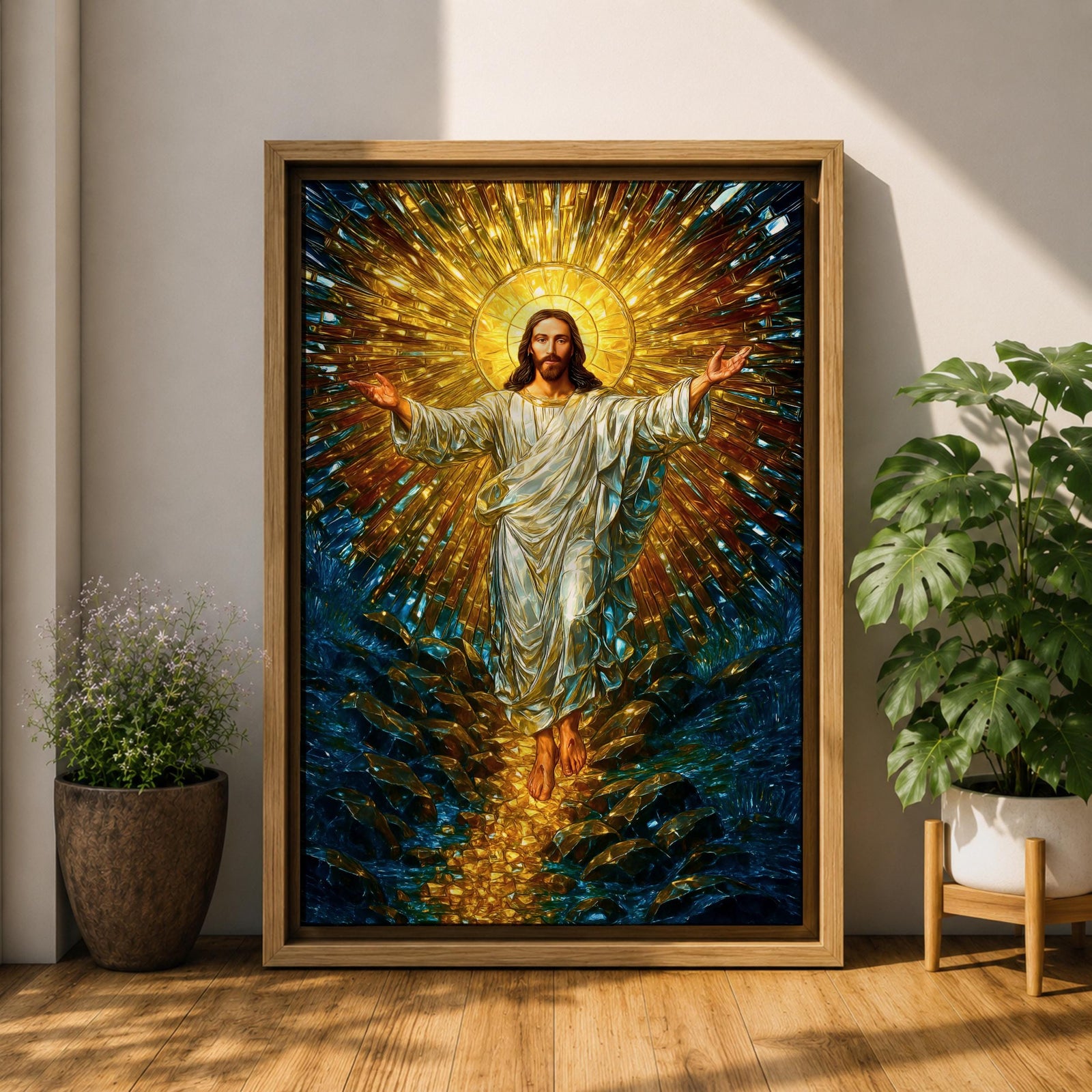 A stained glass style artwork depicting Jesus Christ rising with arms outstretched, radiant golden light emanating behind him, surrounded by deep blue and amber glass fragments, capturing the moment of resurrection in vivid mosaic-like detail.
