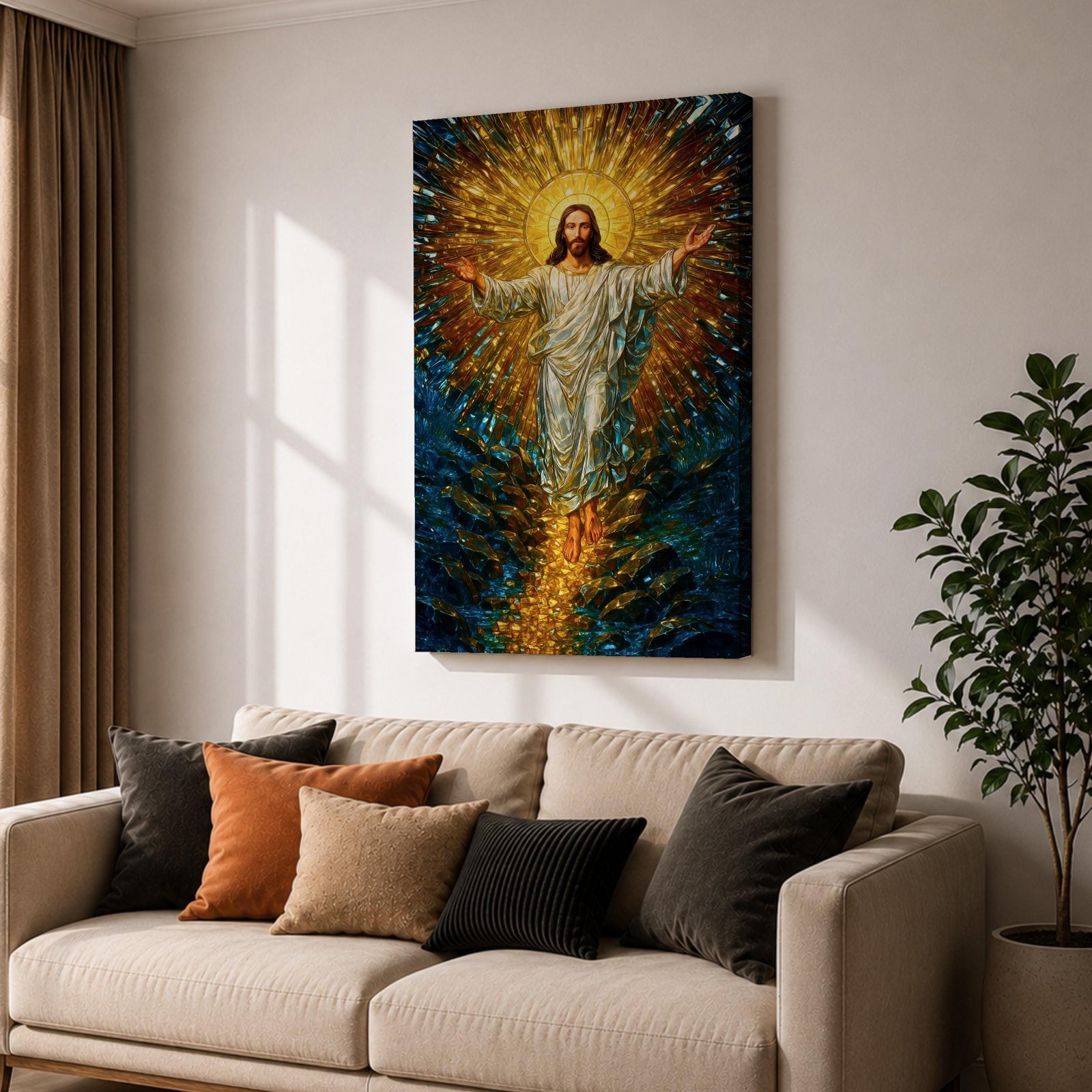 A stained glass style artwork depicting Jesus Christ rising with arms outstretched, radiant golden light emanating behind him, surrounded by deep blue and amber glass fragments, capturing the moment of resurrection in vivid mosaic-like detail.