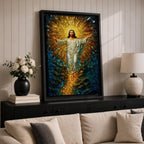 A stained glass style artwork depicting Jesus Christ rising with arms outstretched, radiant golden light emanating behind him, surrounded by deep blue and amber glass fragments, capturing the moment of resurrection in vivid mosaic-like detail.