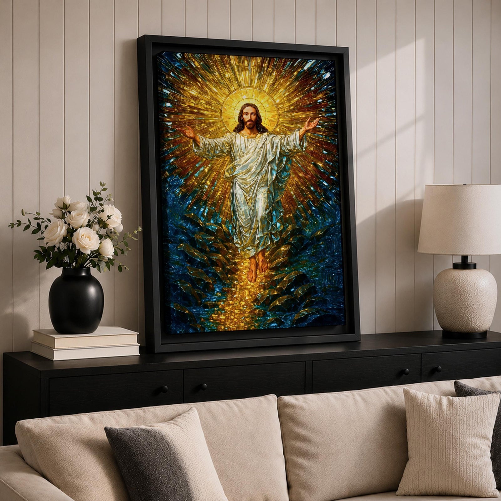 A stained glass style artwork depicting Jesus Christ rising with arms outstretched, radiant golden light emanating behind him, surrounded by deep blue and amber glass fragments, capturing the moment of resurrection in vivid mosaic-like detail.